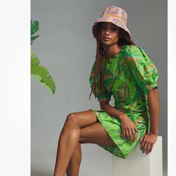 Anthropologie Farm Rio Green palm Leaf Print Dress puff sleeve sz 3x - Picture 2 of 11